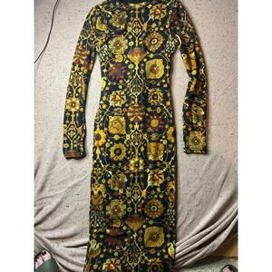 Ronny Kobo Tapestry Print Long Sleeve Midi Dress Bodycon Size Small
